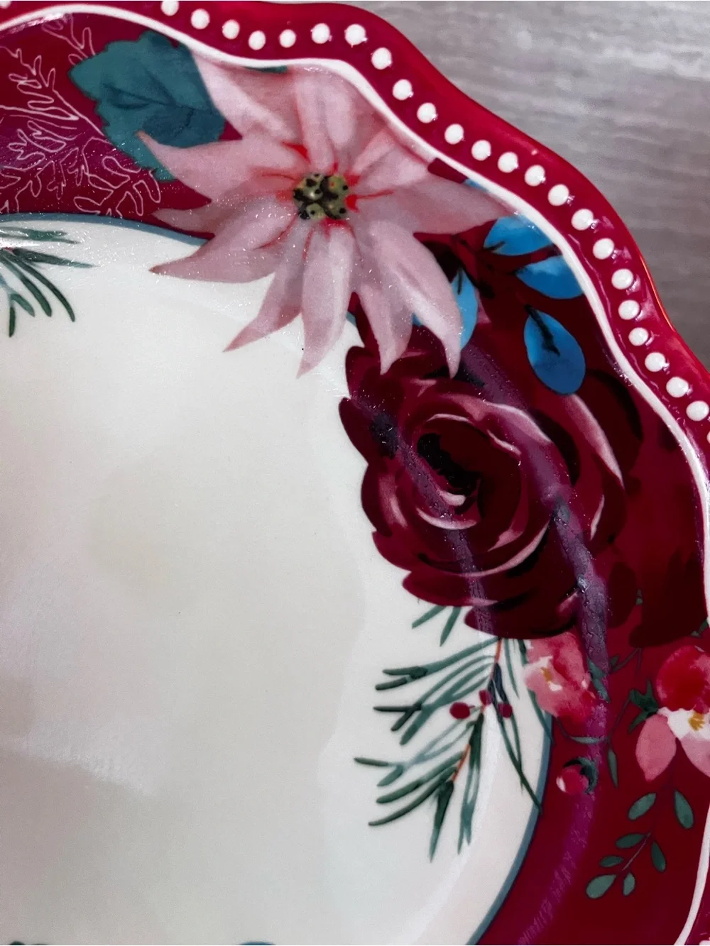 The Pioneer Woman Red Floral Scalloped Dinner Plate with Green and Blue Accents